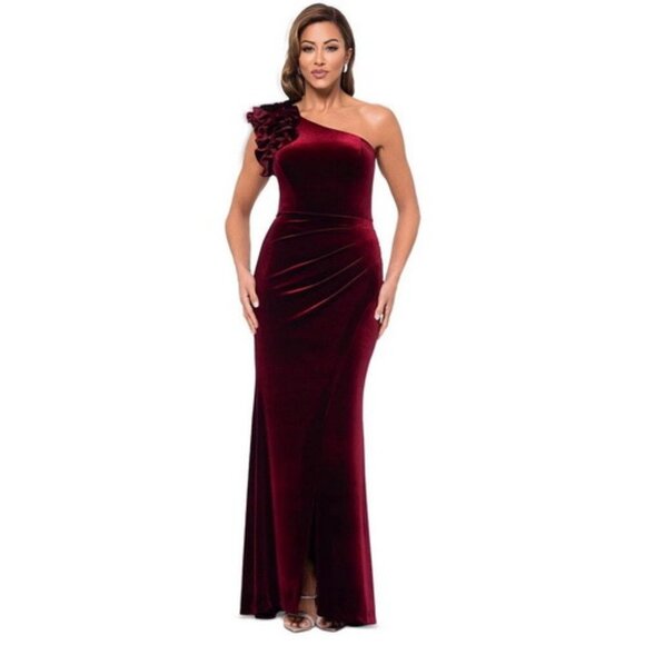 Xscape Burgundy Wine Ruffle One-Shoulder Velvet Gown - Picture 1 of 4
